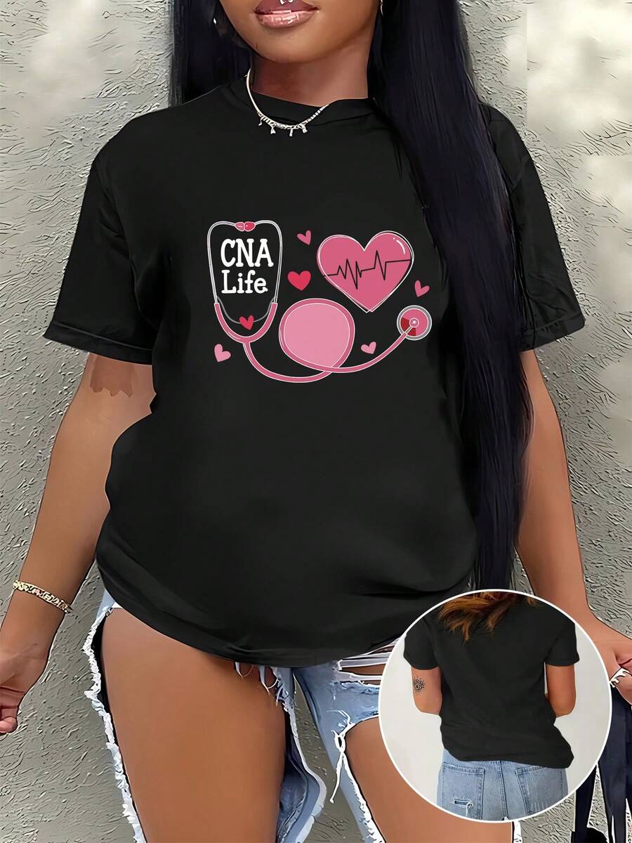 Round Neck T-Shirt With Pink Heart Print - Soft, Breathable, High Elasticity Short Sleeve Sports T-Shirt For Women - Fashionable And Clothing, Comfortable And Versatile, 180g 100% Cotton. - 黑色 - 查看 1