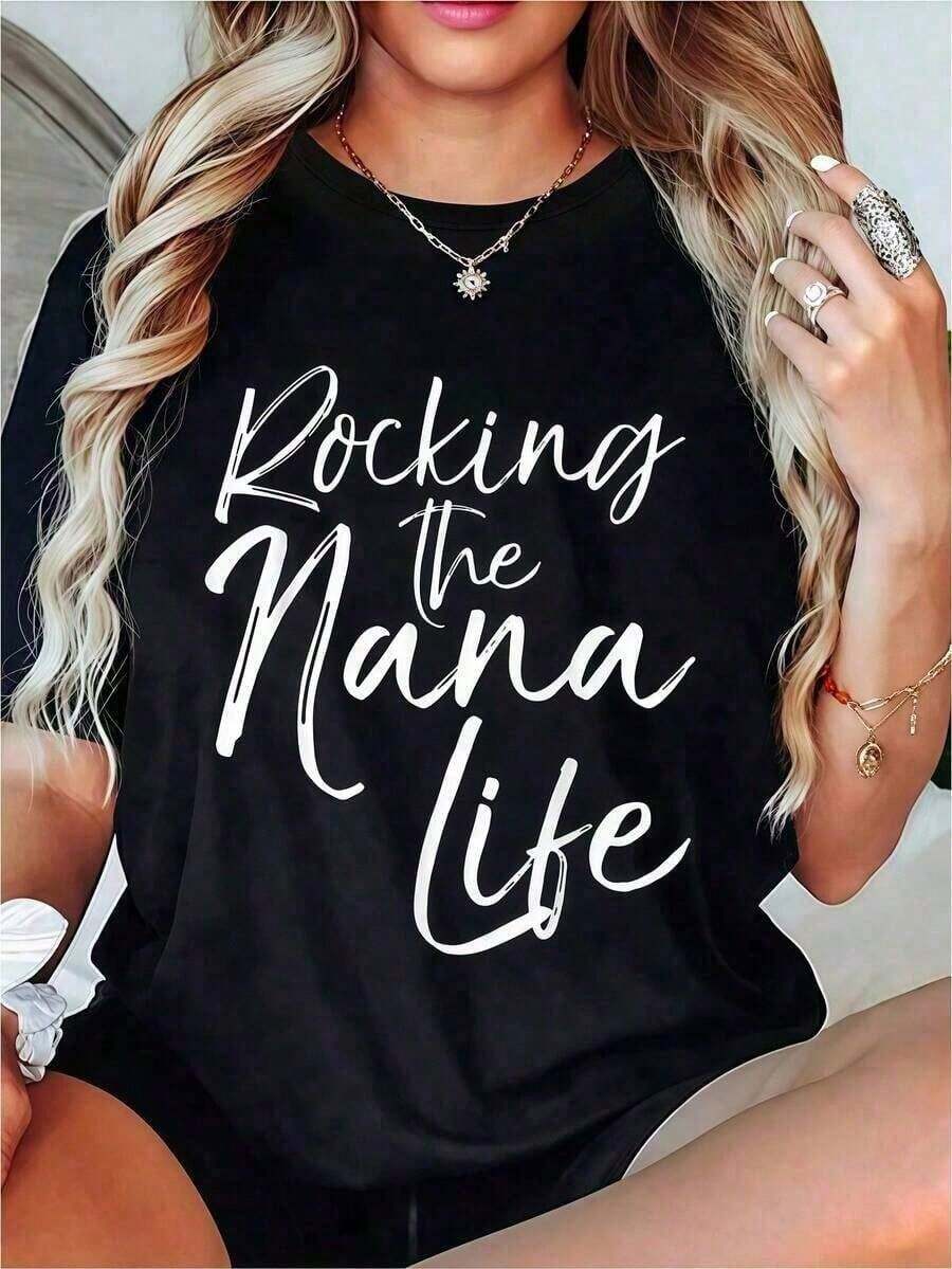 1 pieza de ropa para mujer: camiseta negra con estampado de letras y frases, camisas, top blanco, camisetas gráficas para mujer, camiseta unisex casual de cuello redondo, tejido ligero de 220 g/m², lavable a máquina, para primavera/verano/otoño, Navidad, Día de San Valentín, Día de la Madre. - Negro - Ver 1