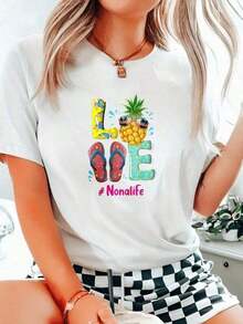 1pc Women's Short Sleeve Pineapple Print Camisole And LOVE Sandals Nonalife For Summer Beach And Travel Casual And Fun Style 2026 Suitable As A Gift. Women's T-Shirt. Blouses>Elegant. Boho Chic, Soft, Breathable And Comfortable Women's Top, Ideal For Spring, Summer And Autumn, Perfect For Vacation, Travel And Daily Wear. - 白色的 - 查看 1