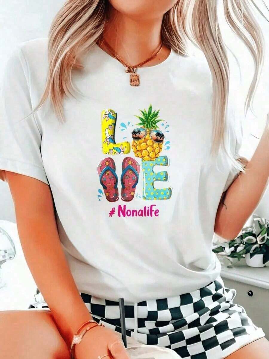 1pc Women's Short Sleeve Pineapple Print Camisole And LOVE Sandals Nonalife For Summer Beach And Travel Casual And Fun Style 2026 Suitable As A Gift. Women's T-Shirt. Blouses>Elegant. Boho Chic, Soft, Breathable And Comfortable Women's Top, Ideal For Spring, Summer And Autumn, Perfect For Vacation, Travel And Daily Wear. - 白色的 - 查看 1
