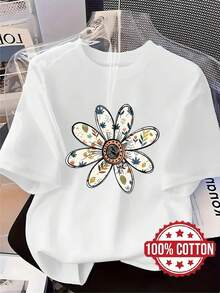 New Women's T-Shirt, Colorful Floral Print, Modern And Casual Printed Tee, Round Neck, Short Sleeves, Breathable And Sweat-Absorbing, Comfortable, Stylish And Chic, Casual Loungewear, Suitable For Spring, Summer And Autumn, Versatile Short Sleeves. Casual And Comfortable CUAB - 白色 - 查看 9
