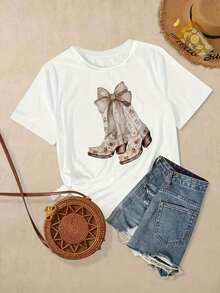 Size: Women's Floral Print Vintage Cowboy Boot Style T-Shirt, Soft (2) Suitable As A Gift. Women's T-Shirt. Blouses>Elegant. Boho Chic, Soft, Breathable And Comfortable Women's Top, Ideal For Spring, Summer And Autumn, Perfect For Vacation, Travel And Everyday Wear. - 白色 - 查看 1