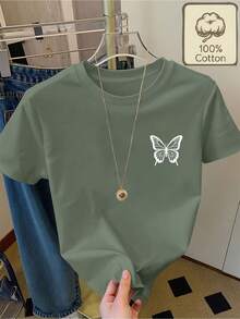 Women's T-Shirt, 100% Pure Cotton, Printed With A White Butterfly Design, Short-Sleeved T-Shirt With Round Neck, Summer Clothing, Comfortable And Breathable, Summer Clothes For Women, Tops For Women. - 黑色 - 查看 10