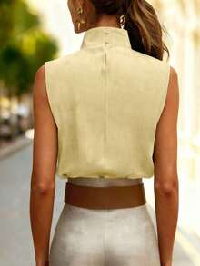 Top sin mangas de cuello alto con pliegues, top ajustado de diseño exclusivo y elegante para mujer, casual de verano - Amarillo - Ver 5