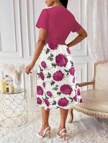 Vestido de mujer con cuello en V y cinturón, manga corta, vestido largo de verano para mujer - Rosa Fucsia - Ver 2