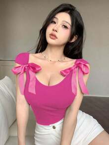 Camiseta de manga corta ceñida con lazo en la espalda para mujer, ideal para el verano - Rosa Fucsia - Ver 4