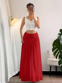 Falda larga plisada con cierre asimétrico de gasa blanca elegante y minimalista para mujer, adecuada para verano, playa, vacaciones y uso casual - Rojo - Ver 5