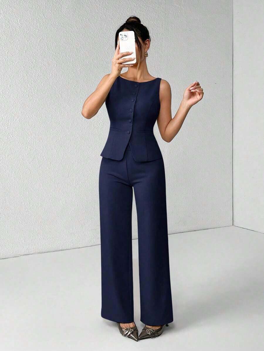 PETITE Conjunto de chaleco y pantalones de un solo pecho de unicolor con cuello redondo, elegante traje de oficina para mujer, ropa de mujer de verano y otoño, conjunto de oficina, ropa casual de negocios, conjunto de dos piezas, ropa de oficina de otoño para mujer, conjunto de blazers para mujer - Azul marino - Ver 1
