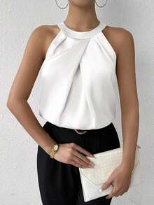 Blusa de crepé champán con cuello fruncido, sin mangas, elegante y sencilla para la oficina, para uso diario y de oficina - Blanco - Ver 7