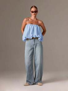 Top de camisola fruncido estilo bohemio con bajo abombado y tirantes ajustables para un estilo casual de verano - Azul - Ver 4