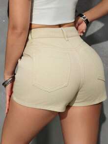 PETITE Short vaquero sexy con bolsillo frontal, cruce de cintura y abotonado para mujer - Amarillo claro - Ver 2