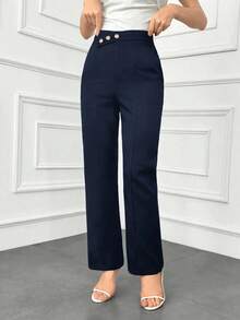 Pantalones elegantes de mujer con pierna recta, cintura suelta y detalles de botones para otoño/invierno - Azul marino - Ver 4