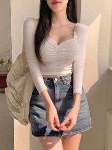 Blusa de manga larga con cuello de corazón y drapeado, ropa de otoño - Blanco 2 - Ver 2
