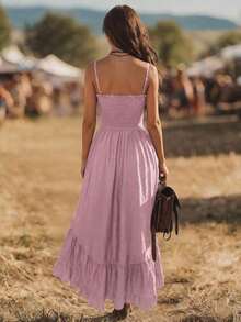 Vestido de mujer de longitud media con cintura ceñida, estilo bohemio casual de vacaciones, parte delantera corta y parte trasera larga - Gris - Ver 2