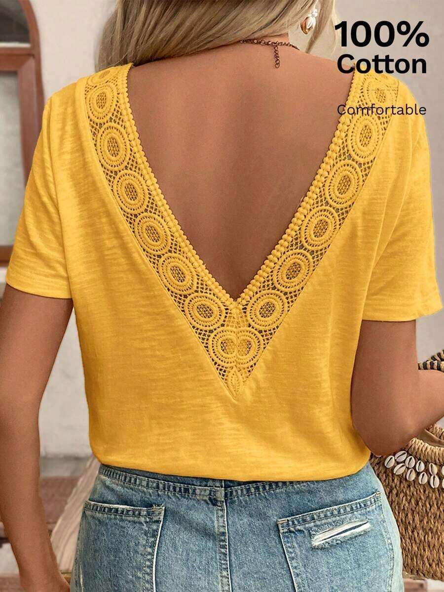 Top con espalda al descubierto y encaje entrelazado, camiseta, blanco imprescindible, conjunto de verano, imprescindible de la temporada de bodas, estilo francés - Amarillo - Ver 1