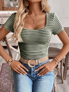 Frenchy Camiseta básica simple con bloque de color a rayas y drapeado para mujer - Verde - Ver 8