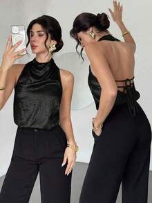 Blusa de satén dorado con cuello de tortuga y espalda de halter, elegante y casual para ir al trabajo/Look de Año Nuevo/Blusa sexy/Blusa brillante/Blusa para fiesta/Blusa de estilo "Old Money"/Blusa dorada - Negro - Ver 9