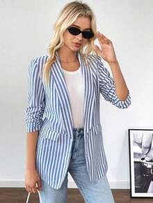 Blazer de solapa con cuello de chal, manga tres cuartos, fruncido, de estilo de dinero antiguo a rayas en blanco y negro, de lino, elegante y casual, de uso versátil, para mujer, ideal para negocios, profesores, Navidad y Año Nuevo - Azul y blanco - Ver 5