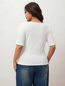 Camiseta de manga corta de cuello cuadrado de ajuste ceñido y elástica para mujer de talla grande, camiseta primavera y verano amigable con la piel, compatible con curvas redondeadas del Body, compatible con la forma del Body redondeada de Apple/20 - Blanco 2 - Ver 2