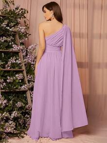1 pieza Vestido de dama de honor con un solo hombro drapeado, elegante vestido de manga larga - Púrpura malva - Ver 2