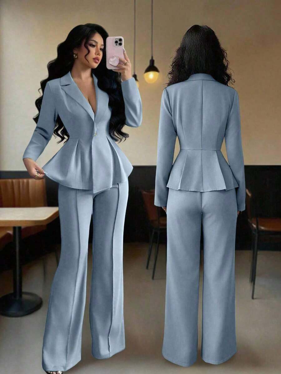 con cintura ceñida elegante, pantalones slim con vuelo de moda para ir al trabajo, atuendo para vacaciones/citas, Día de la Independencia, atuendo de maestra para mujeres - Celeste - Ver 1