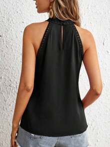 Clasi Blusa con panel de encaje guipur, diseño de escote con abertura en la espalda, sin mangas - Negro - Ver 2