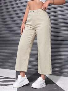 Jeans unicolor con cremallera - Caqui - Ver 5