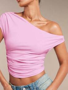 Blusa de verano con hombros asimétricos fruncidos en unicolor para mujer - Rosa Pálido - Ver 5