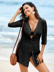 Swim Vcay Kimono transparente de manga larga sólido para mujer, ideal para vacaciones en la playa y piscina en verano - Negro - Ver 3