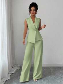 Conjunto de oficina elegante para mujer, compuesto por una chaqueta blazer sin mangas con cuello y bajo asimétrico, con hebilla metálica en la cintura, combinada con pantalones de cintura elástica.Conjunto de 2 piezas elegante para primavera/verano, atuendo formal y de clase para mujer. - verde menta - Ver 7