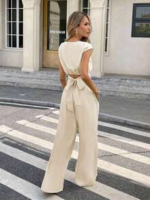 Conjunto de 2 piezas de blusa y pantalones con lazo en la espalda de unicolor para mujer, un conjunto de top holgado y pantalón de pierna ancha con lazos en la espalda, unicolor, elegante y casual, adecuado para el uso diario, primavera/verano - Albaricoque - Ver 2