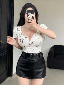Camiseta de manga corta de ajuste slim con estampado de leopardo, top corto para mujer de uso casual en verano - Multicolor 4 - Ver 7
