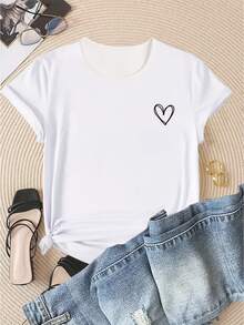 Playera de Mujer Cuello Redondo con Estampado de Corazón Pequeño Lineal Estilo Minimalista Casual de Manga Corta Ajuste Regular Suave y Fresca Básico para Verano - Blanco - Ver 1