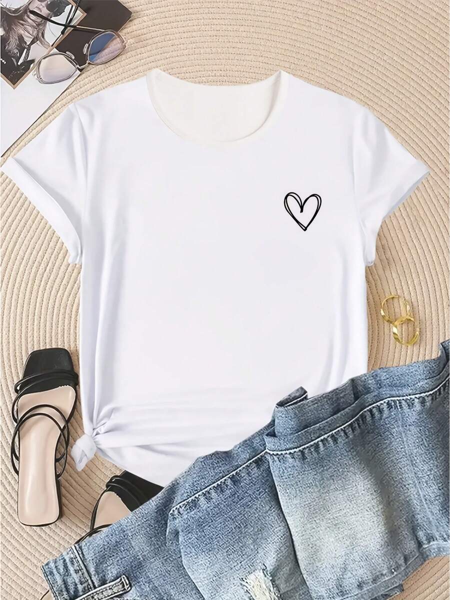 Playera de Mujer Cuello Redondo con Estampado de Corazón Pequeño Lineal Estilo Minimalista Casual de Manga Corta Ajuste Regular Suave y Fresca Básico para Verano - Blanco - Ver 1