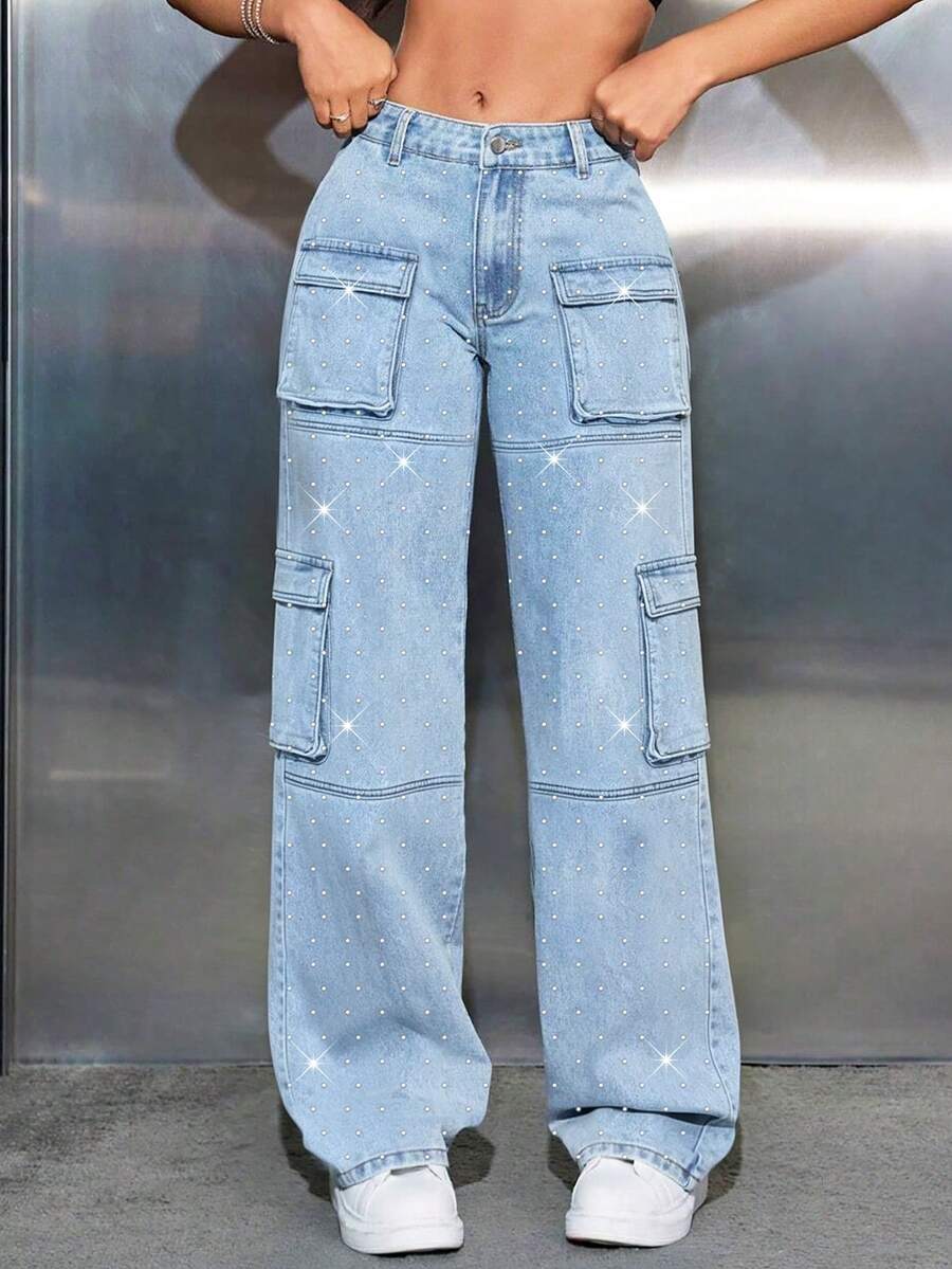 ALO FASHION Pantalones vaqueros de mujer de mezclilla lavada de pierna ancha con detalles de pedrería brillante, estilo casual y elástico. - azul real - Ver 1