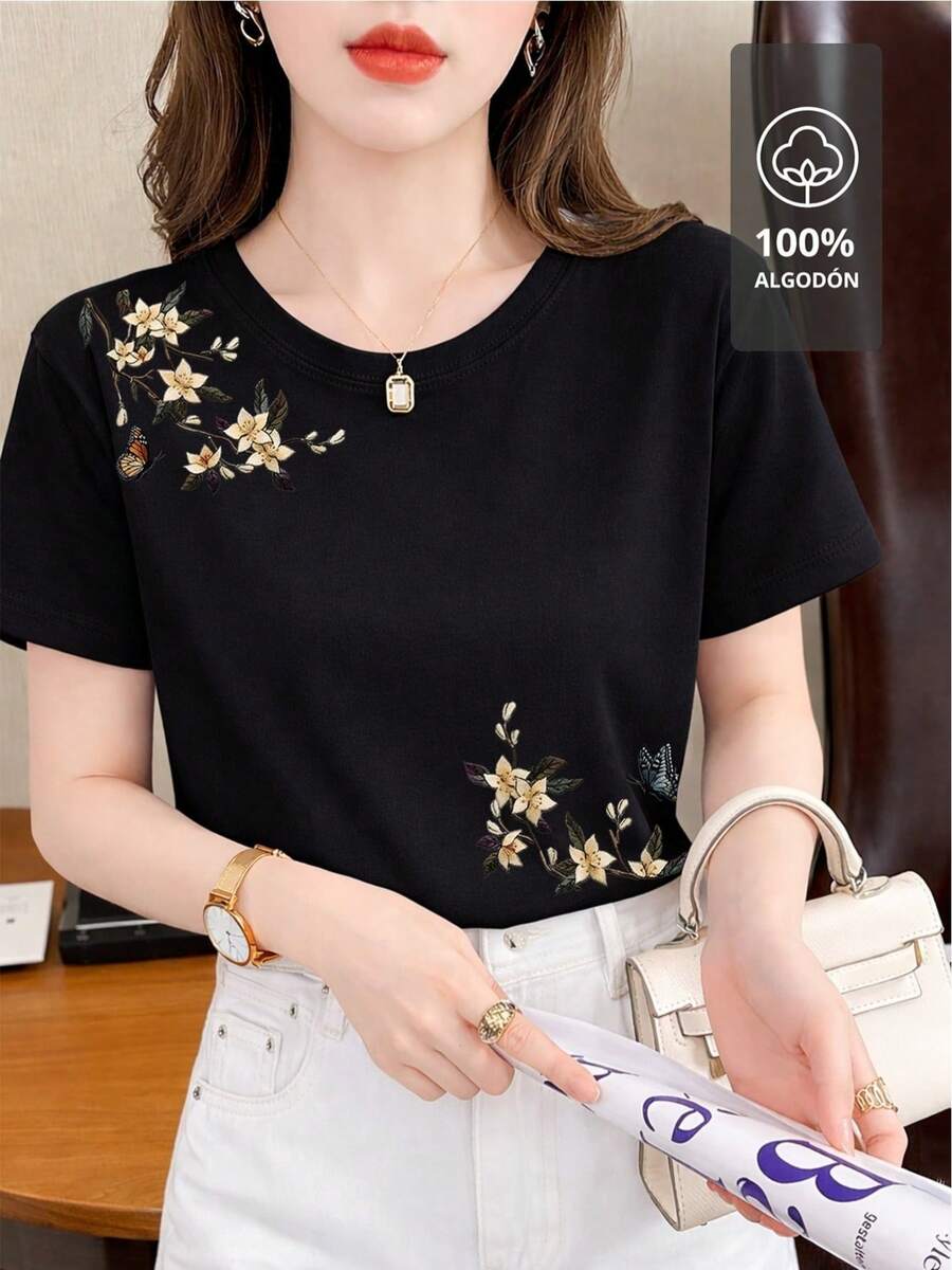 Camisa con estampado floral y edición de mariposas| 100% - Negro - Ver 1