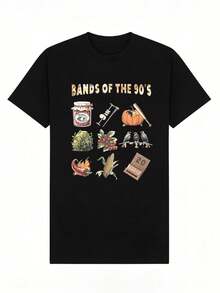 Camiseta de manga corta con cuello redondo suave y casual para mujer, estampado gráfico divertido de bandas retro de los 90. Blanco. - Negro - Ver 4