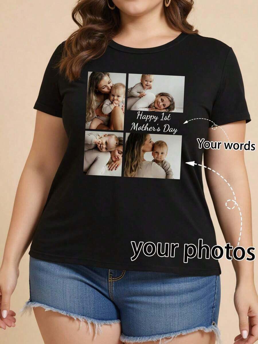 Personalized T-Shirt For Women - Add Your Own Text And Image, Plus Size Women's Casual Spring/Summer Clothing, Exclusive Personalized T-Shirt For Mother's Day, Upload A Family Photo + Personalize The Text/Blessing/Name, Commemorative Mother's Edition, Plus Size Printed Short Sleeve T-Shirt, Exclusive Personalized T-Shirt For Mom, Surprise Gift, Birthday Gift, Gift For Mom, Wedding Gift, Mother's Day Gift, Gift For Best Friend, Gift For Her, Blouse For - 黑色 - 查看 1