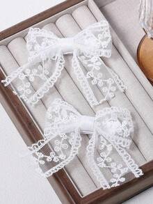 2 Stück weiße Spitzen-Haarschleifen-Clips mit langem Band-Schleifenschwanz, Alligator-Haarspangen-Pins für Hochzeit, Erstkommunion, Schönheitswettbewerb, Geburtstagsparty und Kleid - Verschiedenfarbig - Übersicht 7