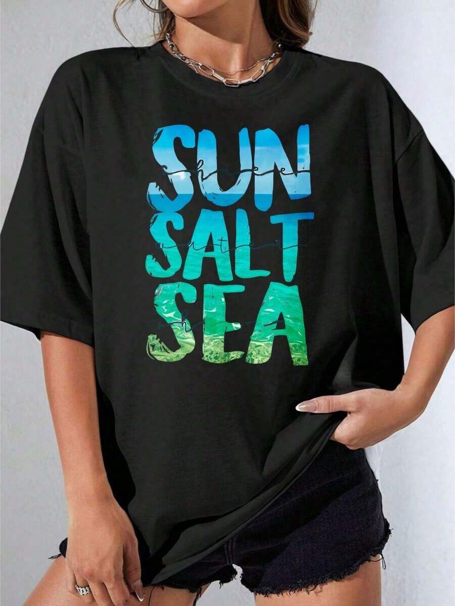 GiftGirl's White Oversized T-Shirt With Sun, Salt And Seawater Print, For Summer, Beach, Holidays, Outdoor Parties, Casual Printed T-Shirt, Soft - 黑色 - 查看 1
