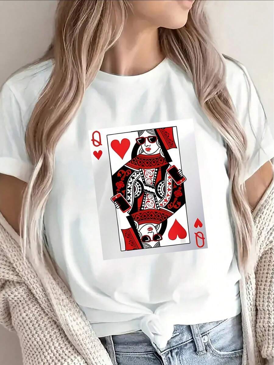 Camiseta de manga corta con diseño de la Reina de Corazones, ligera y duradera, perfecta para uso casual en casa o en el restaurante, ajuste cómodo para uso diario. Camiseta de algodón familiar coordinada. - Blanco - Ver 1
