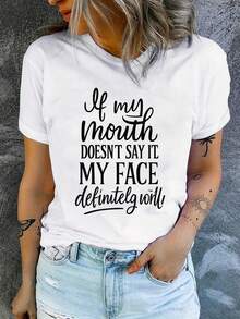 Women's Casual Sports T-Shirt With Bold Text Graphic - Elastic Crew Neck T-Shirt, Machine Washable, Comfortable Fit For All Seasons, To Pair With Light Blue Distressed Shorts. - 白色 - 查看 7