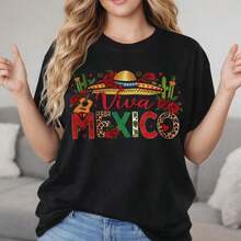 Women's Casual T-Shirt With Viva Mexico Graphic Print, Short Sleeve Cotton T-Shirt With Floral Hat And Cactus Print, Loose Fit, Summer Top For Mexican Fiesta, Fashion Clothing - 黑色 - 查看 8
