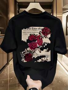 Vintage Rose Print T-Shirt, Unisex Valentine's Day Clothing, Couple's Outfit, Short Sleeve Crew Neck T-Shirt, American High Fashion Style, Pure Cotton, With A Unique Design, Exuding A High-End Casual Fashion Sense, Perfect For Couples. - 黑色 - 查看 11