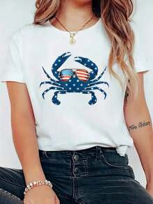 Regalo: 1 pieza de camiseta blanca para mujer con estampado de la bandera estadounidense y diseño de gafas de sol con forma de cangrejo, cuello redondo, camiseta casual de algodón, tejido de punto de elasticidad media, corte regular para damas, para primavera/verano/otoño, suave. - Blanco - Ver 6