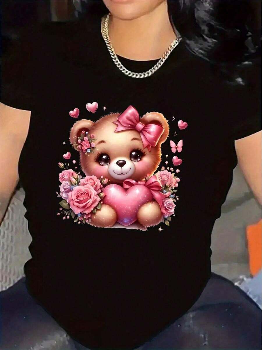 Camiseta con Estampado de Oso de Peluche para Mujer - Manga Corta de Poliéster Negro, Suave y Duradera, Diseño de Corazones y Flores, Perfecta para el Hogar, Aire Libre, Regalo de San Valentín o Cumpleaños, Camisetas Lindas - Estilo Vintage Urbano Unisex, Camiseta de Manga Corta de Algodón Suelto con Cuello Redondo, blusas para mujer. blusas.blusas casuales para dama.Impresión de osos cariñosos.Camiseta estampada Impresión de osos cariñosos. - Negro - Ver 1