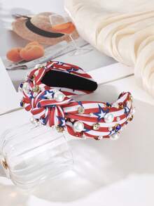 1Pc July 4th Independence Day Hairband, Stars & Stripes Pearl Rhinestone Knotted Wide Headwrap, Party Daily Versatile Hair Accessory - Multicolor - View 7