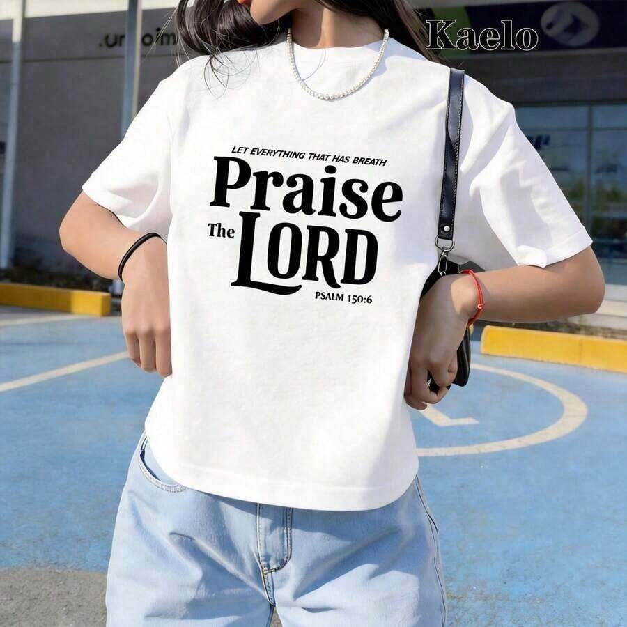 Women's Oversized T-Shirt With Retro Graphic Print, Religious Phrase "Praise The Lord", Casual Daily Wear, Soft Jersey Fabric, Loose Fit, True To Size. Suitable For Spring, Summer And Autumn - 白色 - 查看 1