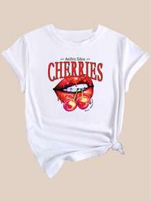 1pc aelric eden Cherries Graphic Tee for Women, Casual Polyester T-Shirt with Crew Neck, Short Sleeve, Knit Fabric, Medium Stretch, Spring/Summer/Fall Fashion Top - Weiss - Übersicht 4