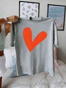1 pieza de camiseta de algodón puro para mujer, con cuello redondo, diseño sencillo, estampado de anime con letras a la moda y forma de corazón, 180g 100% algodón. - Blanco - Ver 8